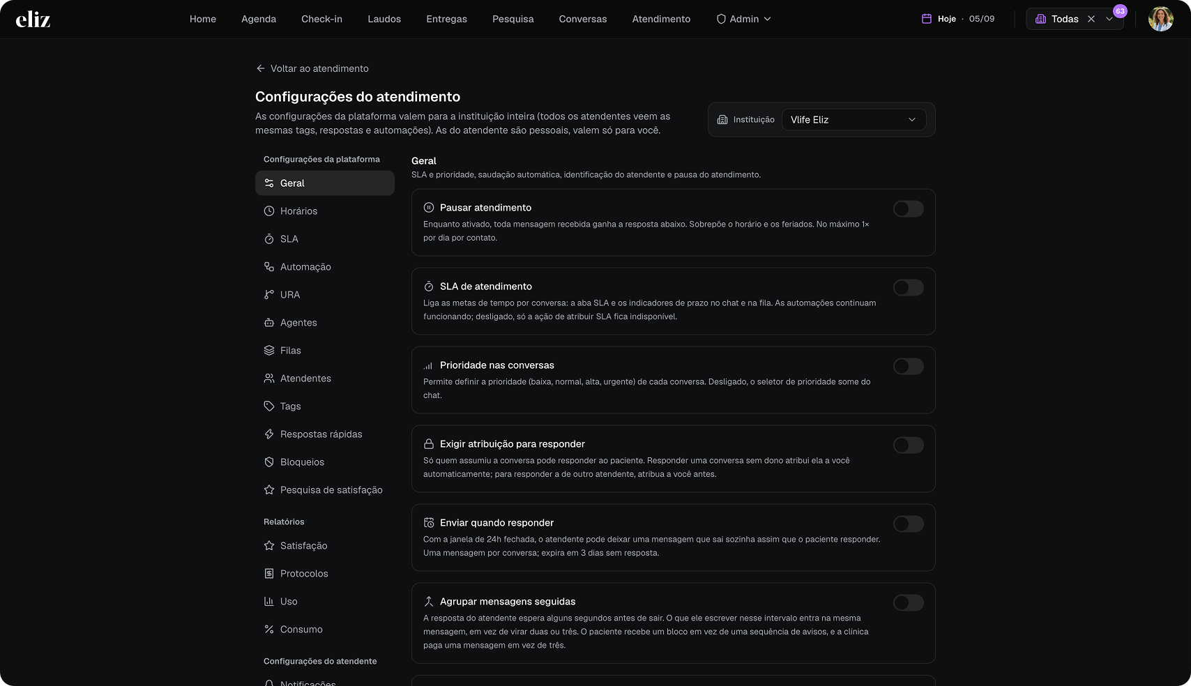 Tela de configurações do eliz atende, com as áreas de horários, filas, automações, agentes e atendentes.